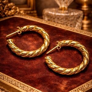 VINTAGE 1980S GOLD PLATED TWISTED HOOP EARRINGS STATEMENT CLASSIC